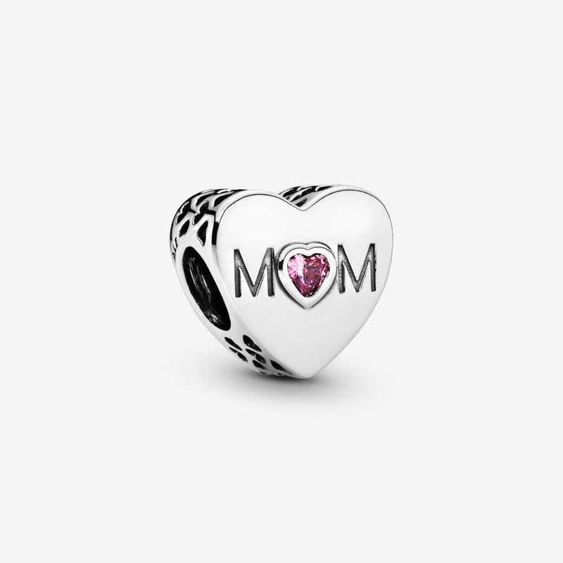 Mom Heart Charm - Pink, Sterling Silver