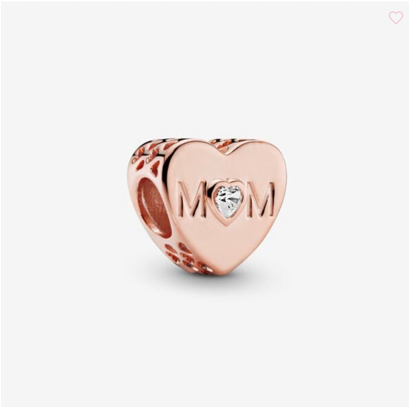 Two Tone Pandora Mom Charm Rose Gold Mom Heart Charm Clear, Rose