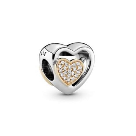 Heart silver charm with 14k hearts and clear cubic zirconia - Item #791806CZ - FINAL SALE