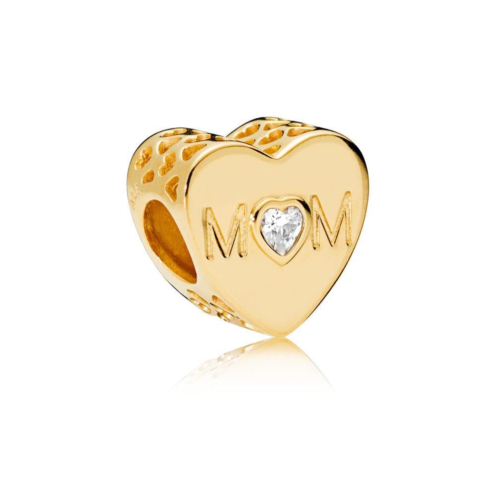 Mom Heart Charm Clear, Rose and Yellow Gold Plated